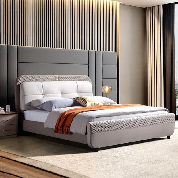 Modern Designer King Size Bed ;Upholstered, Headboard, Teakwood ; Plywood Base, Premium Fabric with Storage