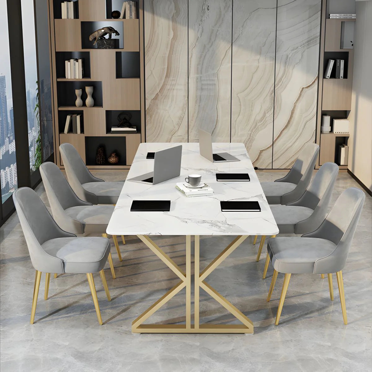 Conference and Meeting Marble Laminate Top Office Table Base in MS Metal Legs with Golden Powder Coating