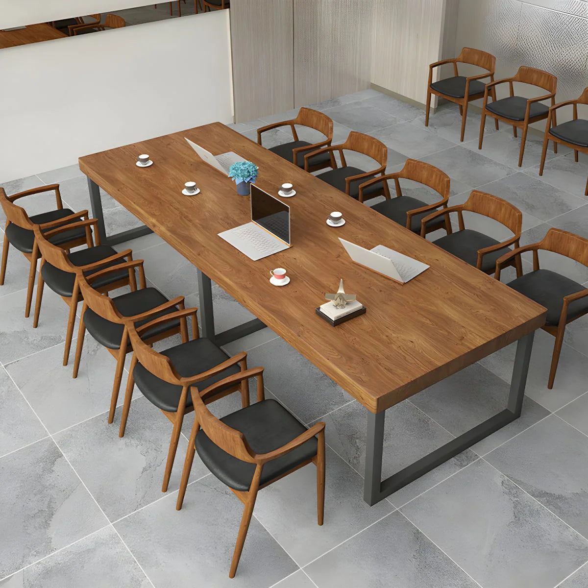 Meeting and Conference Rectangular Office Table Top Made in Solid Wood with Polish and Base in MS Metal Legs with Black Powder Coating