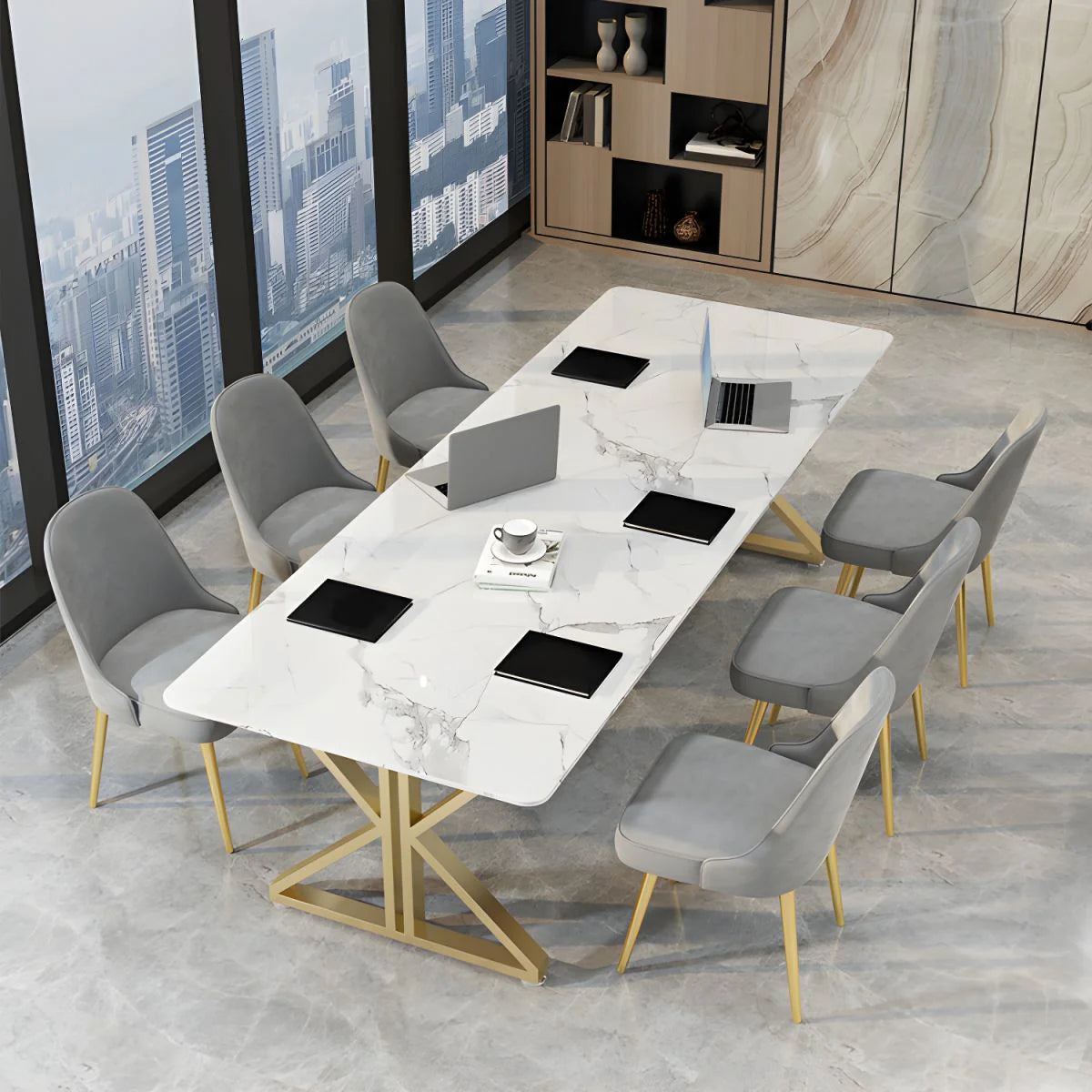 Conference and Meeting Marble Laminate Top Office Table Base in MS Metal Legs with Golden Powder Coating