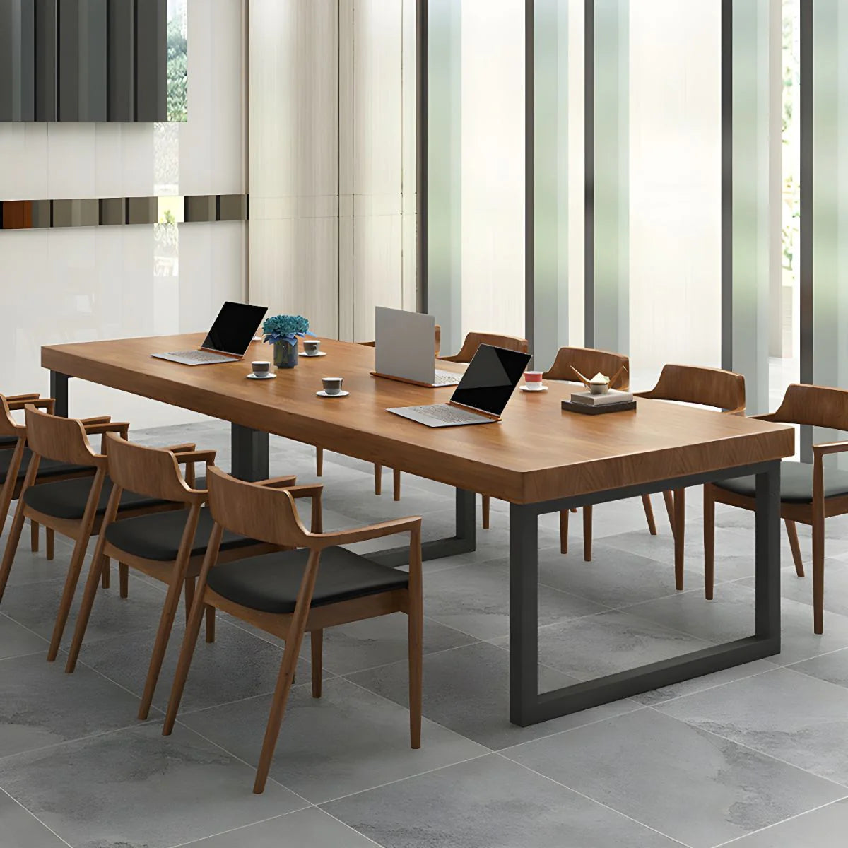 Meeting and Conference Rectangular Office Table Top Made in Solid Wood with Polish and Base in MS Metal Legs with Black Powder Coating