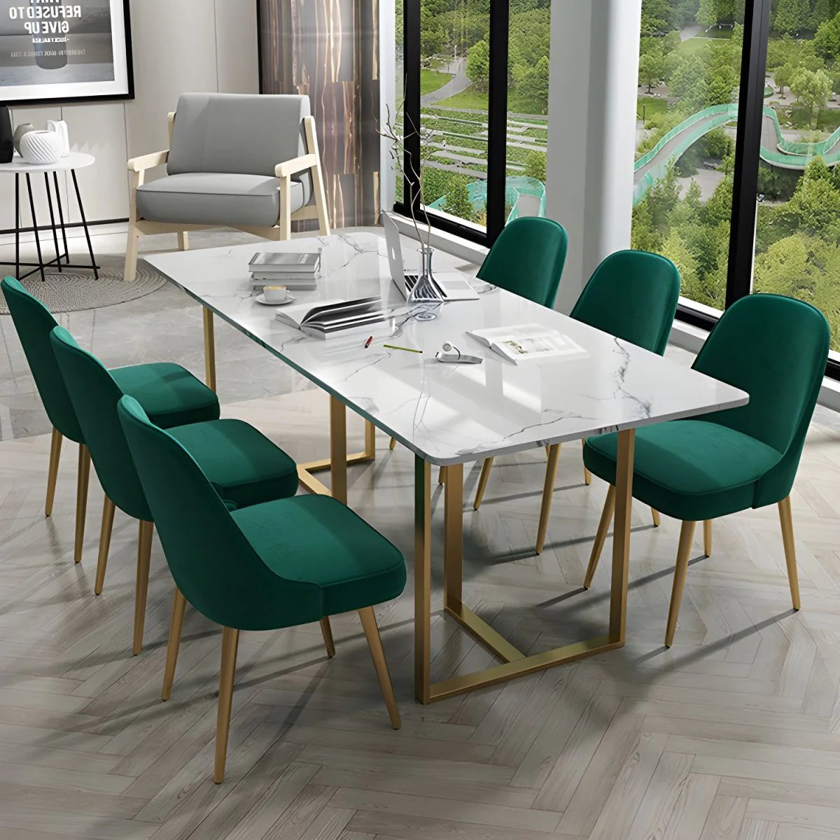 Conference and Meeting Marble Laminate Top Office Table Base in MS Metal Legs with Golden Powder Coating