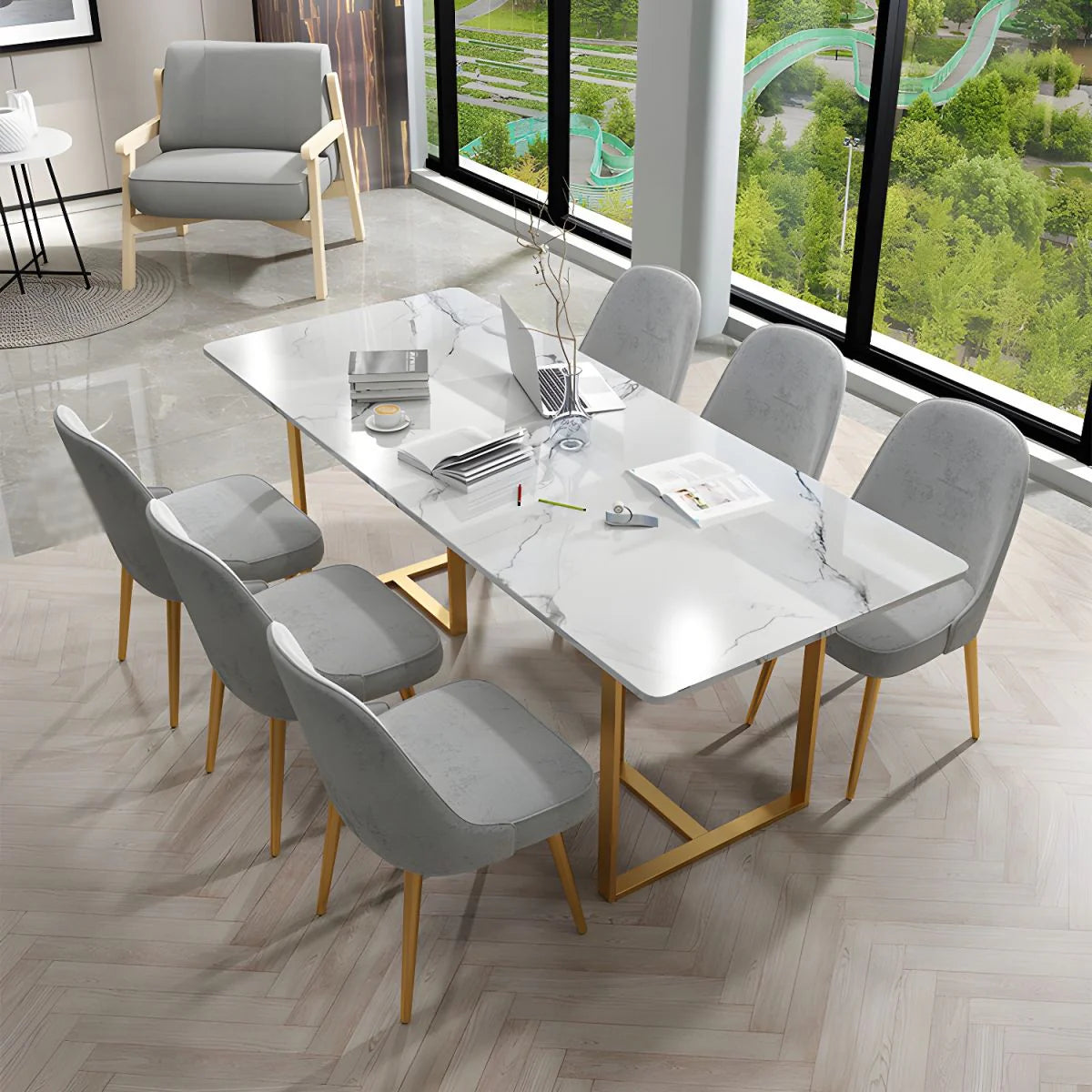 Conference and Meeting Marble Laminate Top Office Table Base in MS Metal Legs with Golden Powder Coating