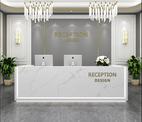 Reception Table for Office Luxury Modern Counter Stylish Design Made in MDF with Marble Pattern and drawer Keyword tray and CPU Space and Openable Storage