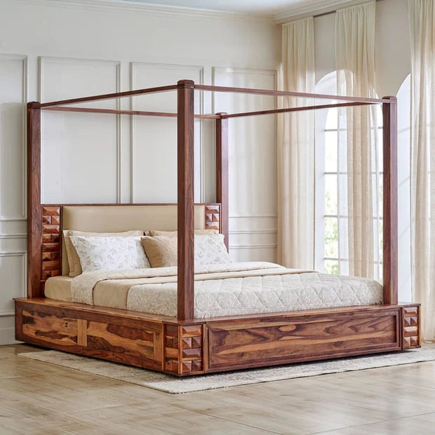Queen Size Solid Sheesham Wood Poster Bed with Soft Headboard ; without Storage;