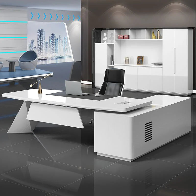 Luxury Director L-Shape Office Table Desk Made in Plywood with Veneer Wire Manager Drawers Lockable and Storage for a Modern Workspace