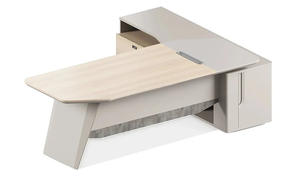 Director L-Shape Table Luxury Modern Office Desk with Made in MDF and Drawers, Shelves, and CPU Storage Space & White, Seagull Gray Finish