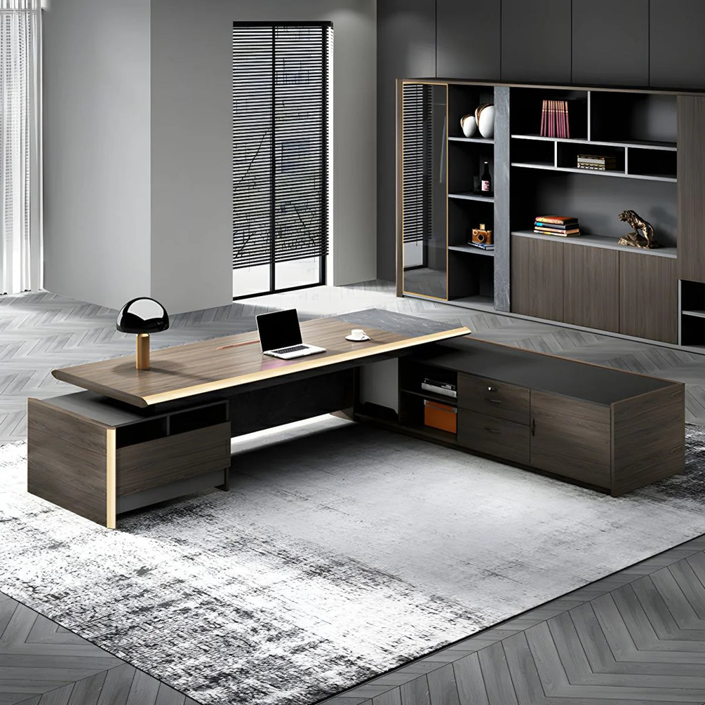 Director & Executive L-Shape Office Table Luxury Desk Made in MDF Side Unit Drawer and Storage Wire Manager