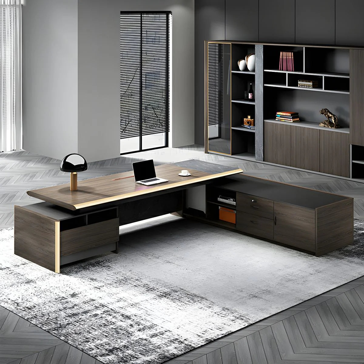Director & Executive L-Shape Office Table Luxury Desk Made in MDF Side Unit Drawer and Storage Wire Manager