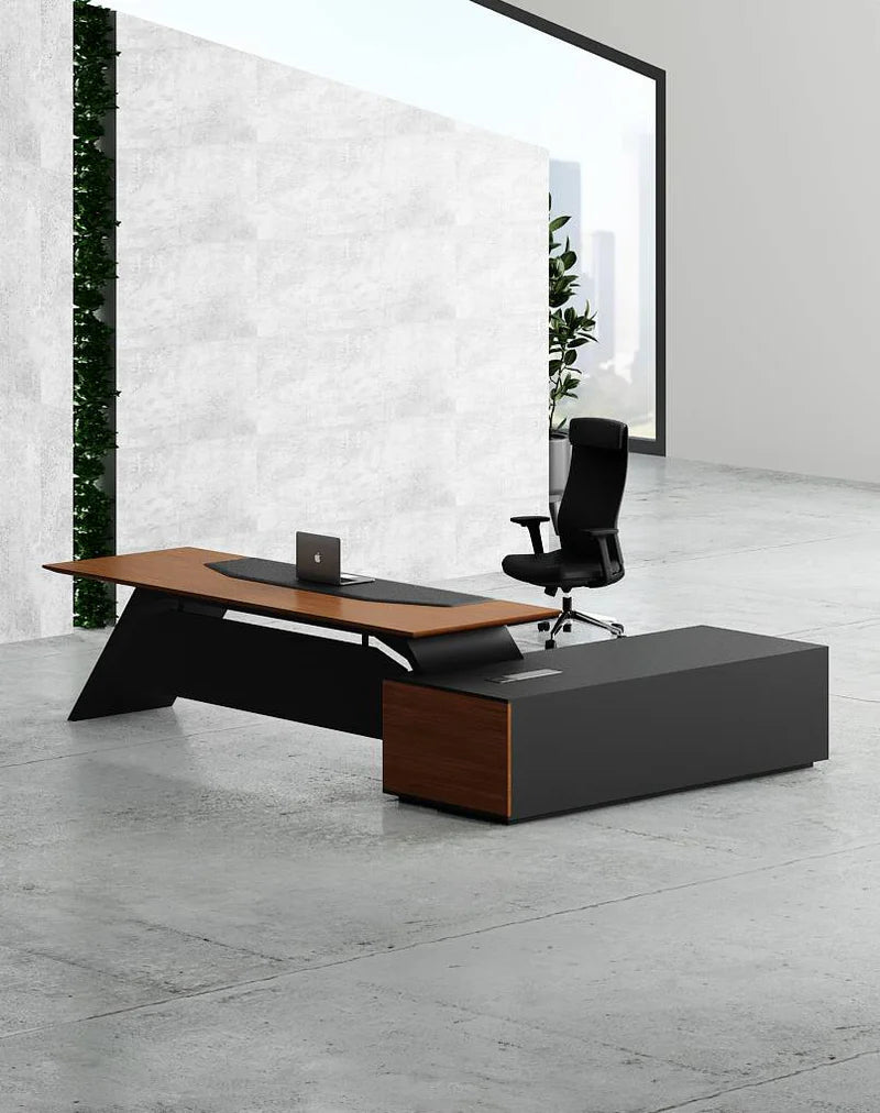 Director & CEO Office Table L-Shape Luxury Storage and Leathere Pad & Wire Manager