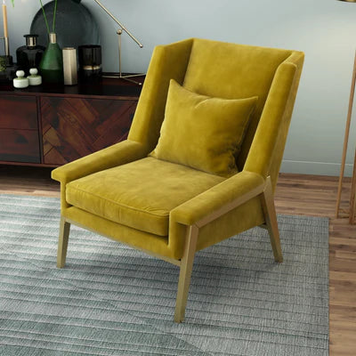 Lounge Chair Upholstered in Velvet Luxurious and Comfortable durable Design Metal leg Base with Golden Powder coated-Yellow
