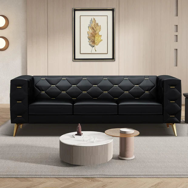 3 Seater Sofa For Home Furniture Made in Ply with Leatherette and Tufted Back & MS Legs Powder Coated