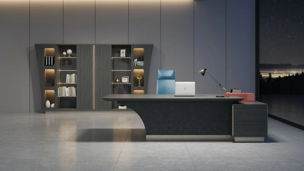 Director l-Shaped for office Table and Luxury Design Made in Ply with Veneer & Edge Banding and Brown Oak Finish
