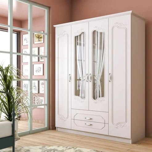 Wardrobe for Designer Wardrobe for Small Spaces 4-Door with Mirror and Elegant Finish, Blending Form and Function