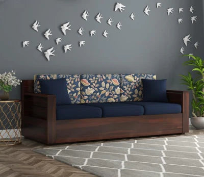 3 Seater Wooden Sofa For Home Furniture Upholstery Fabric Premium Comfortable; Sofa; Durable Design For Living Room -Navy Blue