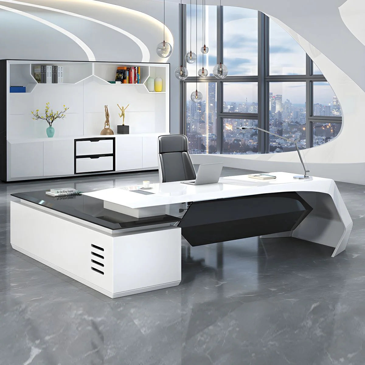Director & Executive L-Shape Office Table Luxury Desk Made in MDF with Side Unit Drawer and Storage Wire Manager & CPU Storage