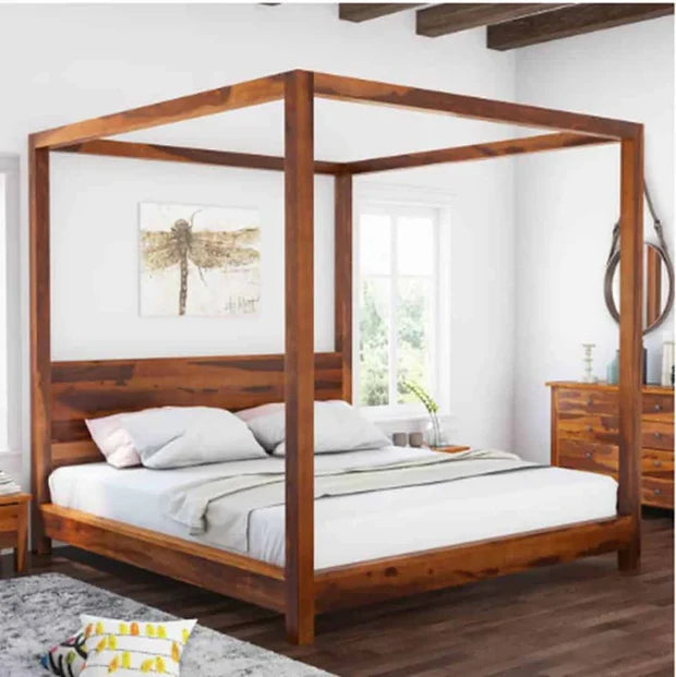 Wooden Bed Handcrafted Poster Bed – Elegant Natural Finish with Grand Canopy Frame, Available in Queen and King Sizes
