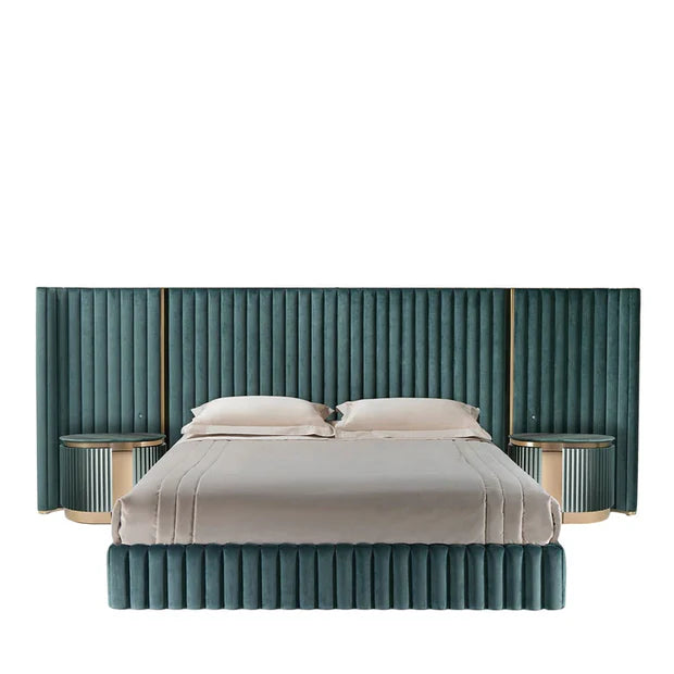 Queen Size Bed Plywood Padding, Golden Steel Accents with Built‑in LED Lights—Luxury Design