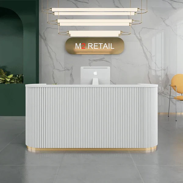 Reception Table for Office Luxury Modern Round Custom Counter Stylish Design with drawer Keyboard tray and CPU Space and Storage - White Color