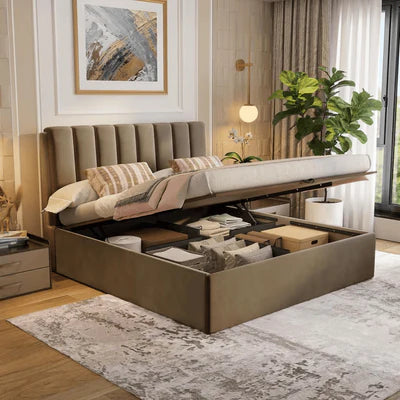 King Size Wooden Bed Upholstered Luxury Design with Hydraulic Storage Wooden Frame; Finished in Premium Velvet/Suede for Elegance ; Durability