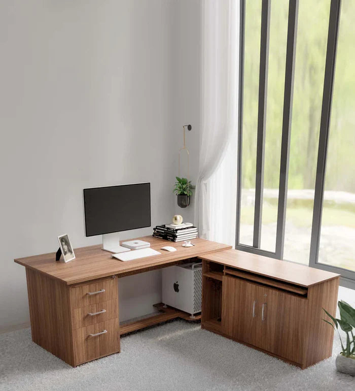 Director and Executive L shape Table Made in Pre-laminated Particle Board Teak Finish With File Cabinet And Pedestal