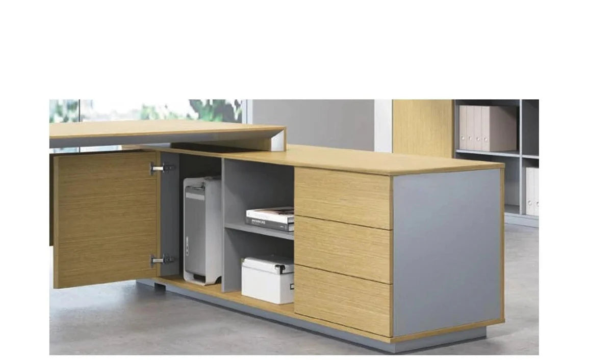 Director L-Shape Table Luxury Modern Office Desk Made in Plywood with Wire Manager Side unit drawers and Openable Storage