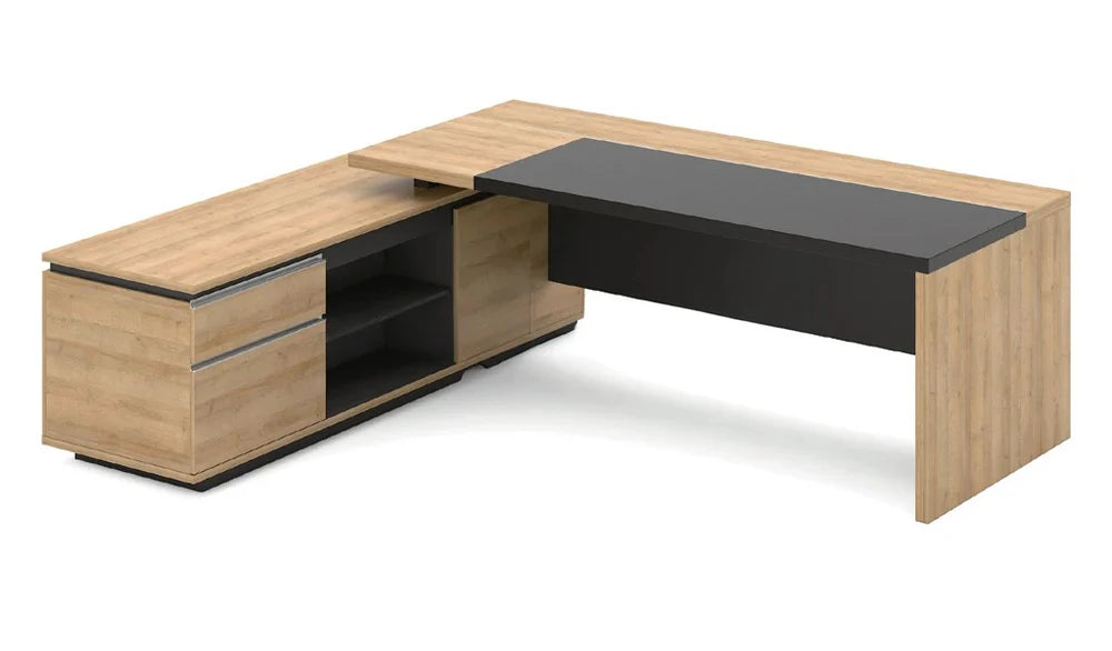 Luxury Director L-Shape Office Table and Side Unit with Side Unit , Wire Management, and Charcoal Black Panel