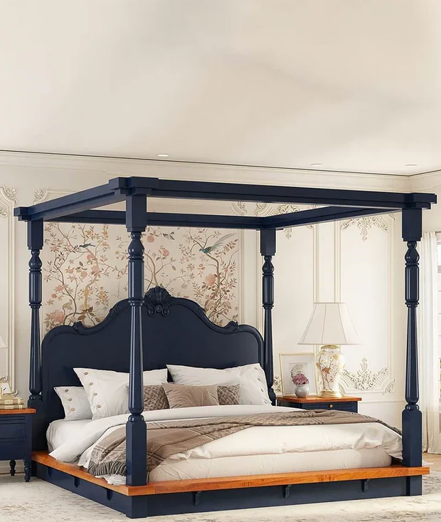 Poster Bed in Solid Sheesham Wood with Handcrafted Headboard, Two-Tone Finish, and Royal Design