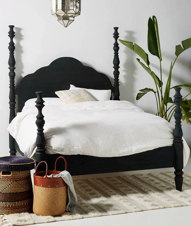 Poster Bed Wood Four‑ Headboard  Footboard, Matte Black or Distressed White Finish, Available in Queen  King Sizes
