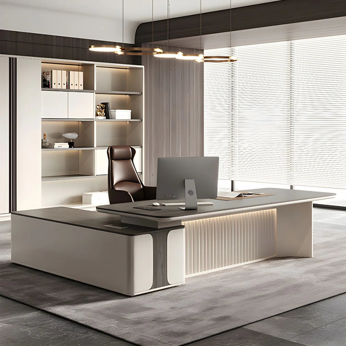 Director & Executive L-Shape Office Table Luxury Desk Made in MDF with Reversible Orientation Side Unit Drawer and Storage Wire Manager & CPU Storage