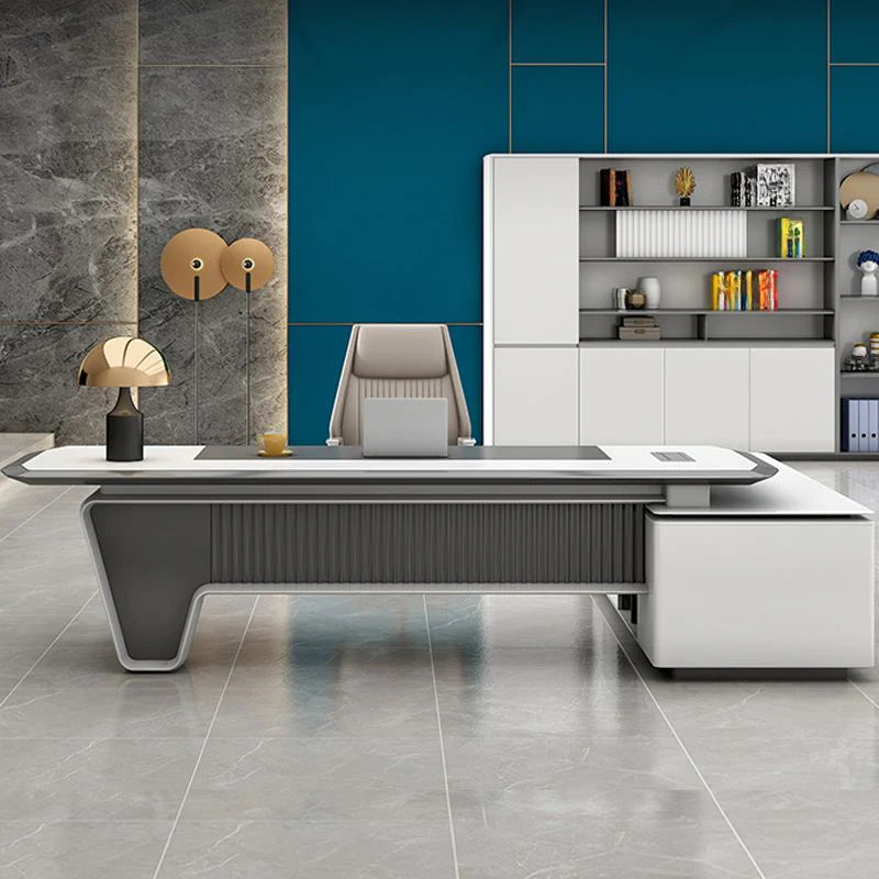 Director L-Shape Office Table Luxury Desk Made in Plywood with Veneer Reversible Orientation, Wire Manager, and CPU Storage
