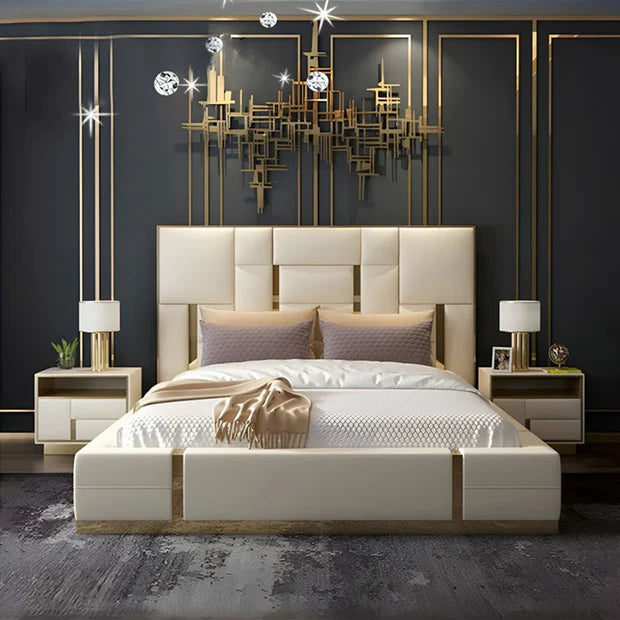 Queen Bed for Home Furniture with Upholstered headboard with sleek metal accents for your luxury Bedroom.;