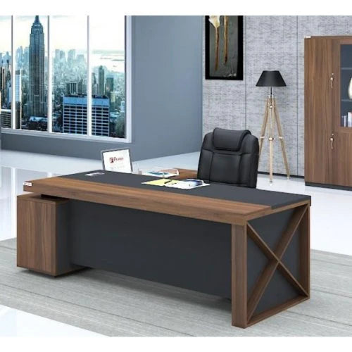 Director L-Shaped Office Table Luxury Design Double-layer Gable End and Modesty Panel Walnut & Grey Office