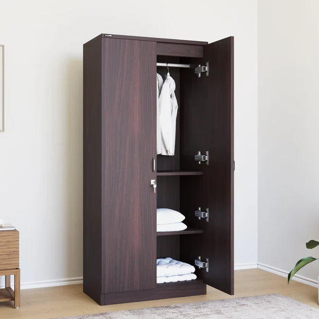 Wooden Wardrobe – 2-Door with Lock Storage Unit in Particle Board Open Shelves