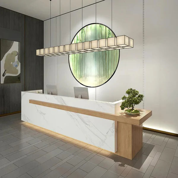 Reception Table for Office Luxury Modern Round Custom Counter Stylish Design Made in MDF with Marble Pattern and drawer Keyboard tray and CPU Space and Storage