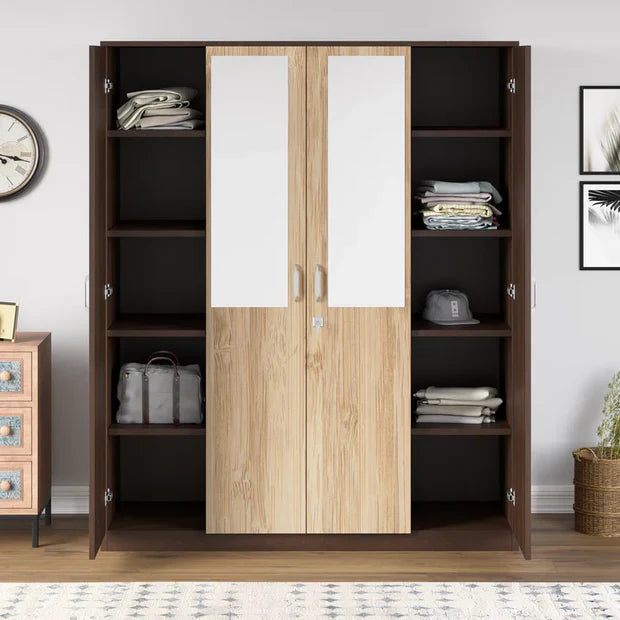 Wardrobe in Particle Wood with 4 Doors and Mirror – Elegant Storage Solution for Bedrooms with Hanging Rod, Shelves, and Drawer Space