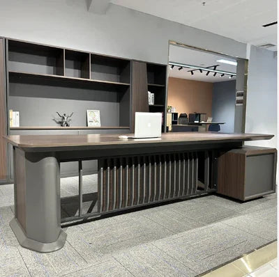 Director & Executive L-Shape Office Table Modern Desk with Side Open Shelves, Drawer, CPU Storage & Wire Manager