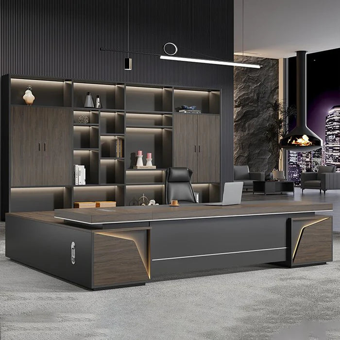 Director & Executive L-Shape Office Table Luxury Desk Made in Particle Board with Side Unit Drawer and Storage Wire Manager