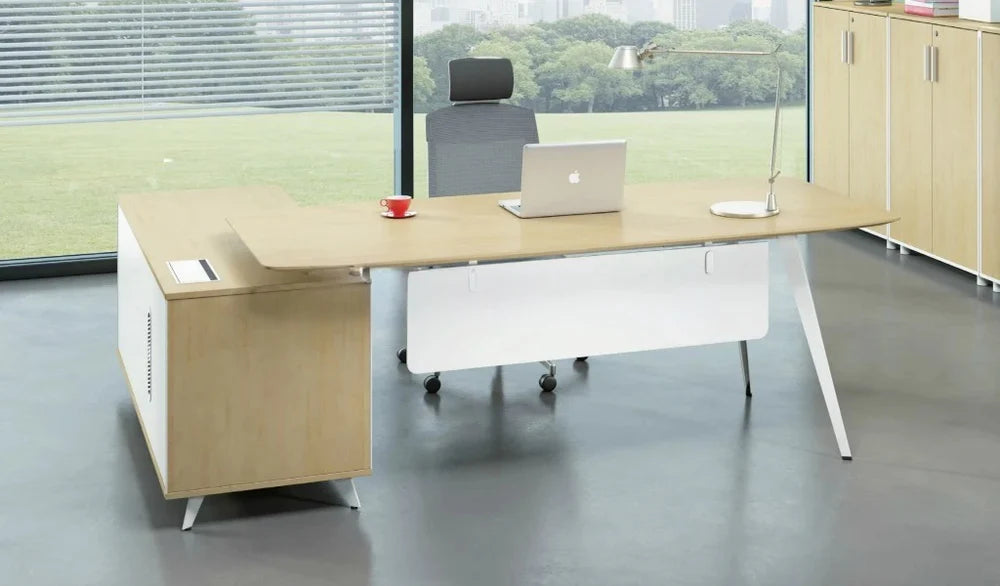 Director L-Shape Table Luxury Modern Office Desk with Made in MDF and Drawers and Storage Space & Steel Legs in White Powder Coated Finish