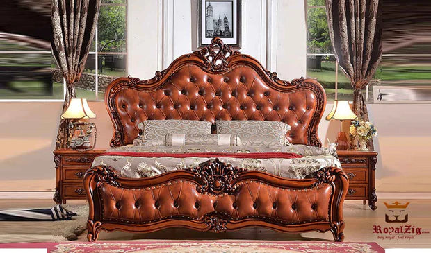 king‑Size Teak Wood Bed with Headboard High PU-Finish Headboard Support Legs, Modern Design