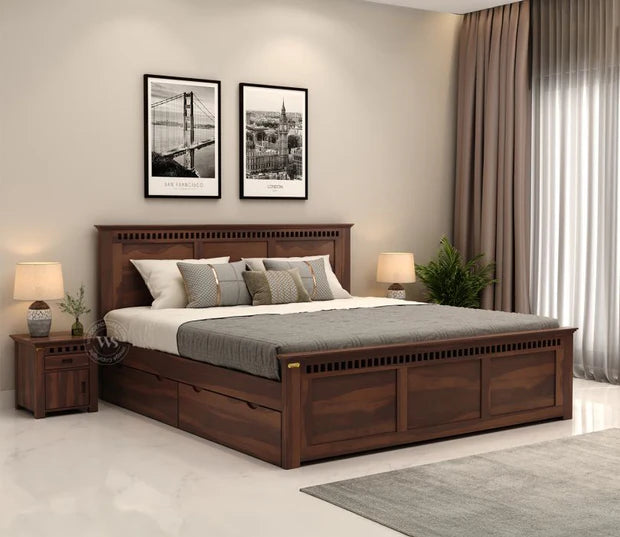King‑size Sheesham wood bed with stylish headboard  hydraulic under‑bed storage, elegant walnut finish