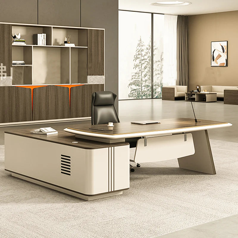 Director L-Shape Office Table Luxury Desk with Multi-Function Ports, Hettich & Blum Hardware Drawers and Ample Storage
