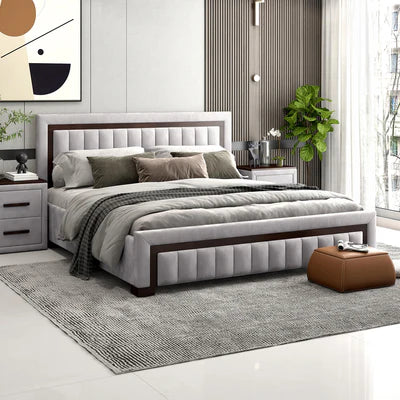 King Size Wooden Bed – Premium Upholstered Solid Wood Design for Luxury