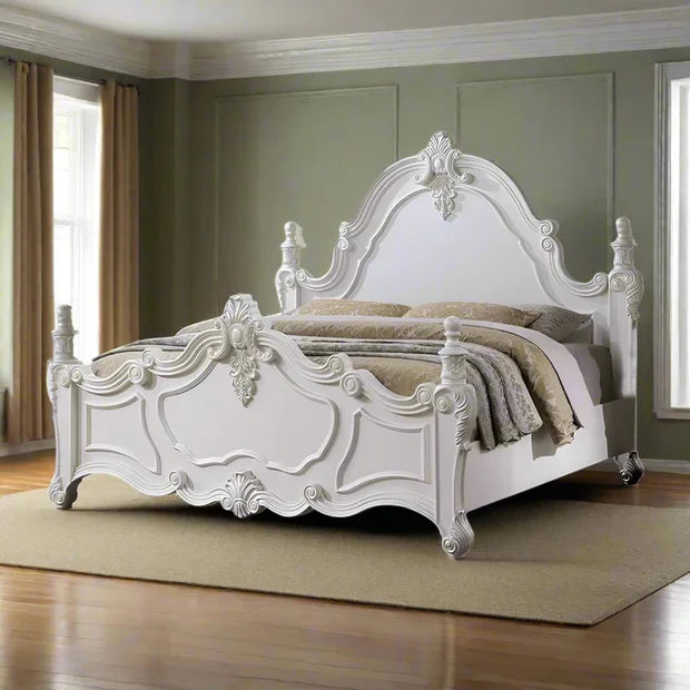 Maharaja White Bed – Hand-Carved Royal Design, Antique Finish, Solid Frame, Indian Luxury Furniture, Premium Bedroom Decor