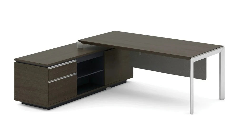 Director L-Shape Table Luxury Modern Office Desk with Made in MDF and Drawers & Storage Wire Management Dark Oak & Carbon Gray