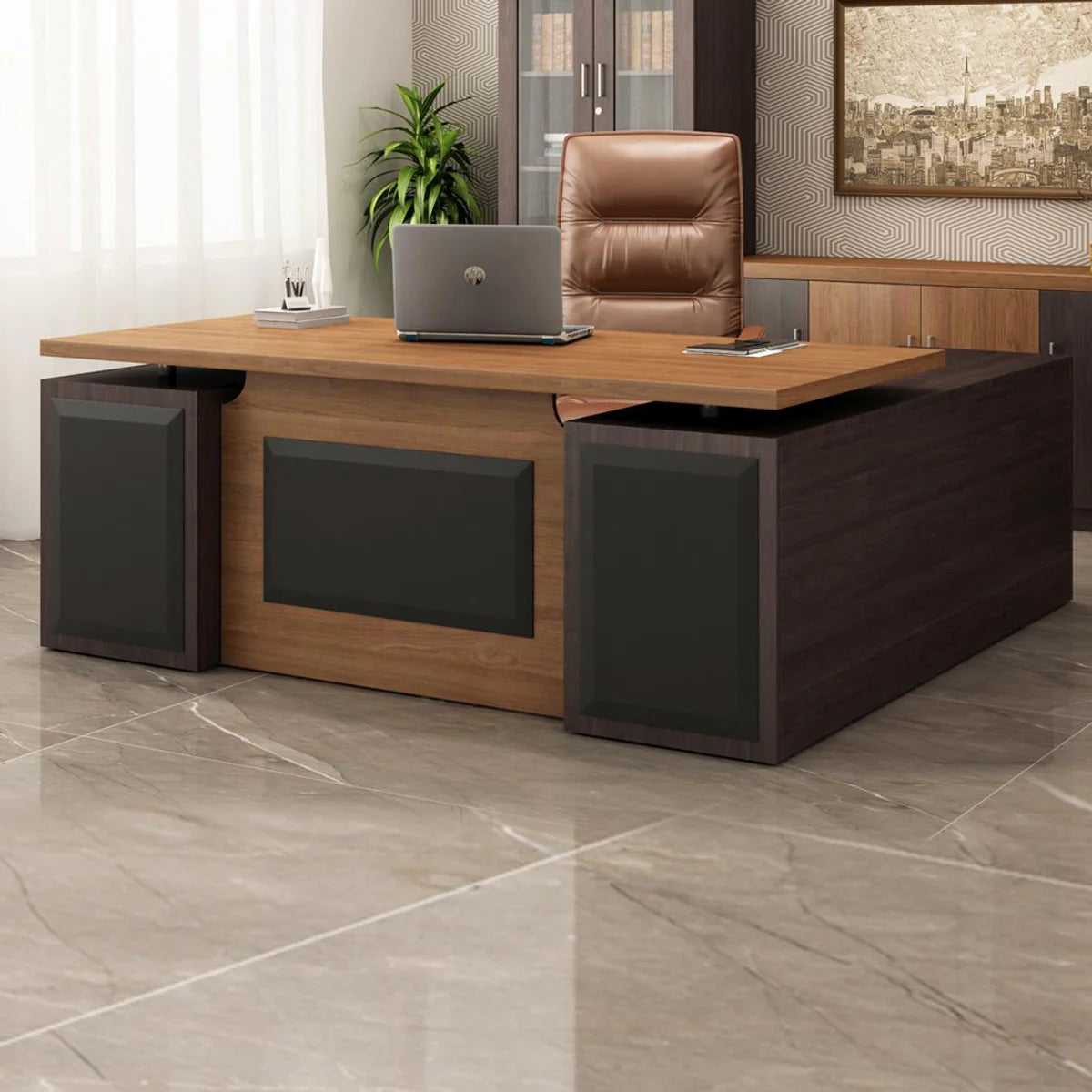 Director L shape Table Made in Engineered Wood and Matte Finish, Brown