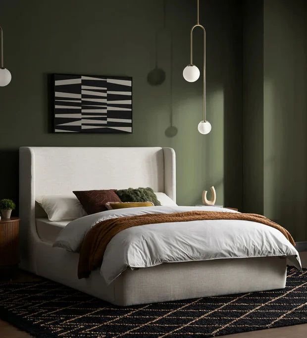 king‑size Velvet Upholstered Bed with headboard, support legs, and seamless box‑spring‑free setup—luxurious, modern elegance.