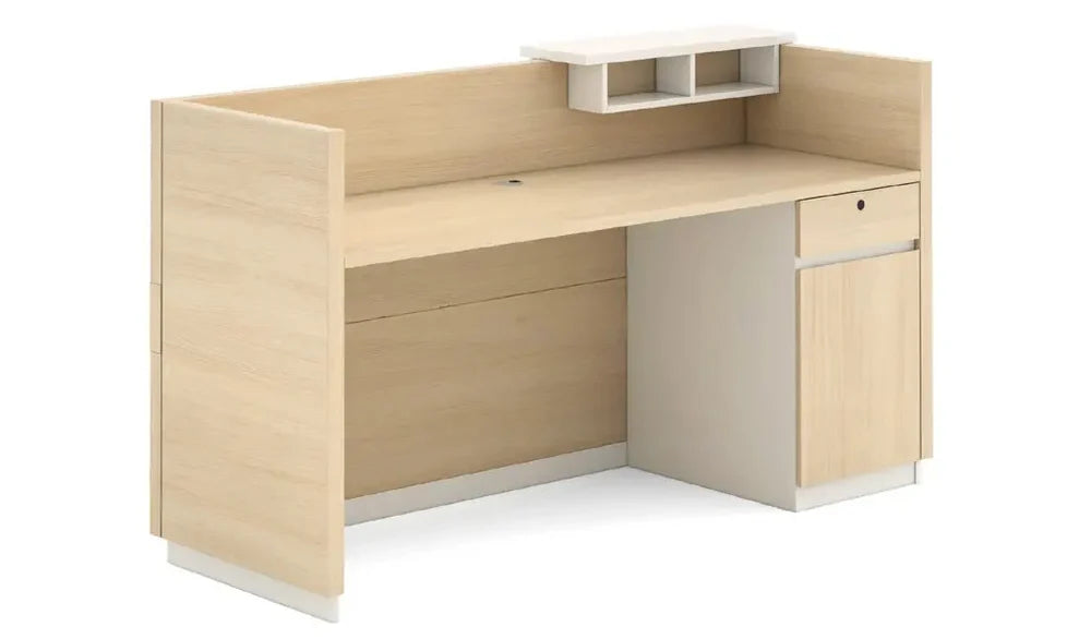 Reception Table Made In Engineered Wood Finished In Light Oak and White Combination an Over All Open Look And Feel