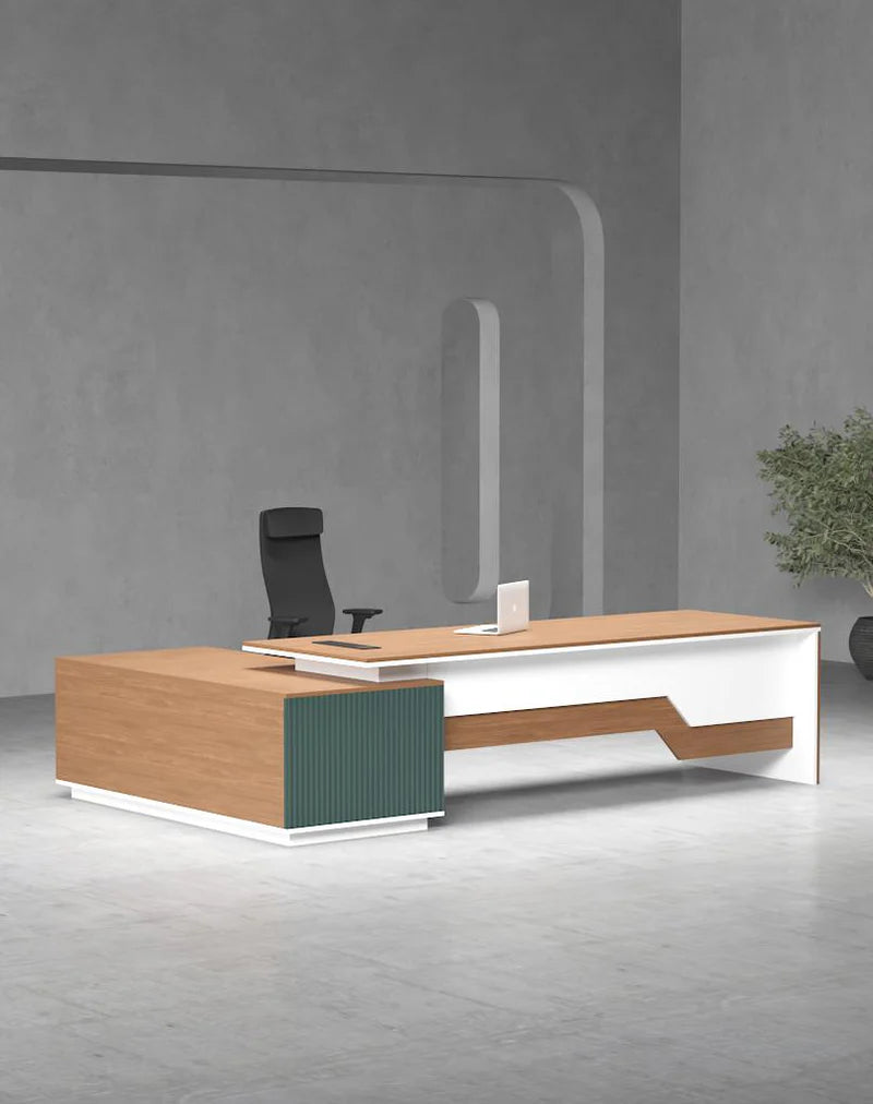 Director Office Table L-Shape Luxury Design with Modern Desk Featuring Drawer and CPU Space & Wire Manager
