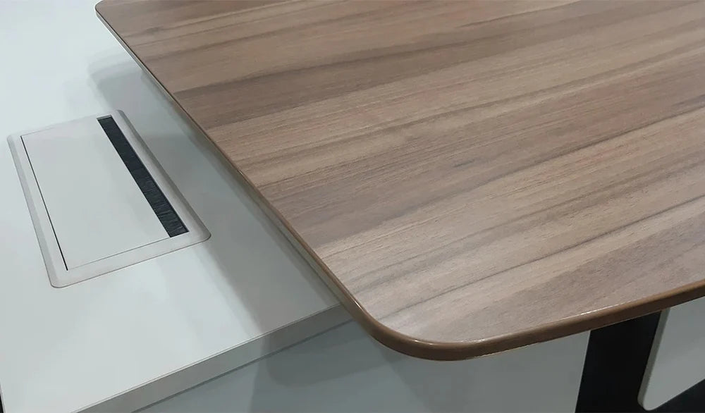 Director L-Shape Office Table Luxury Design and side unit Ergonomic Curved Top and Wire Manager & Metal Legs